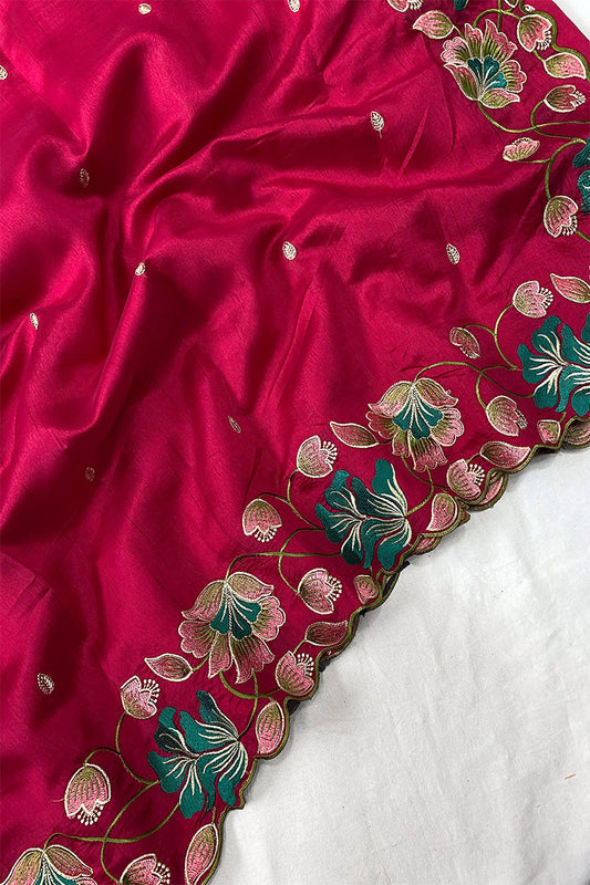 Arresting Dark Pink Embroidery Work Tussar Silk Saree With Fairytale Blouse Piece - Surats Fabric