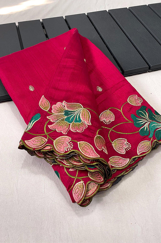 Arresting Dark Pink Embroidery Work Tussar Silk Saree With Fairytale Blouse Piece - Surats Fabric