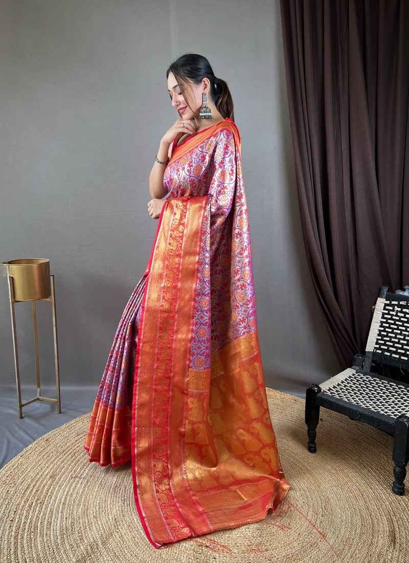 Adoring Lavender Kanjivaram Silk Saree With Demure Blouse Piece