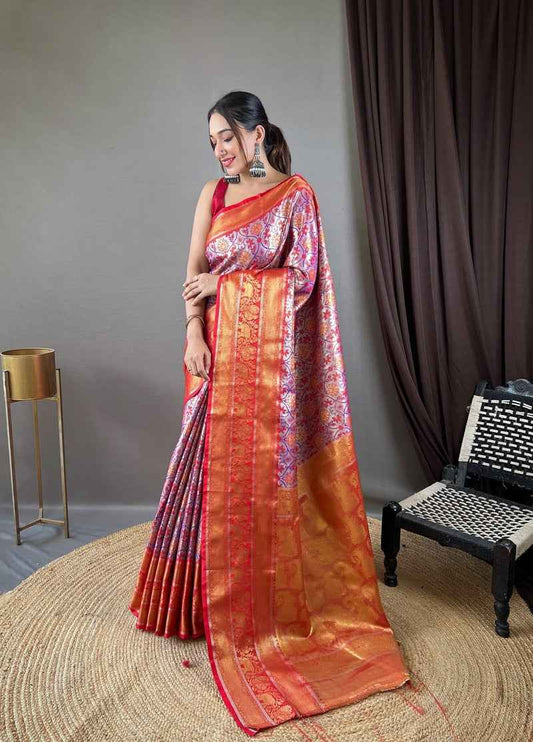 Adoring Lavender Kanjivaram Silk Saree With Demure Blouse Piece