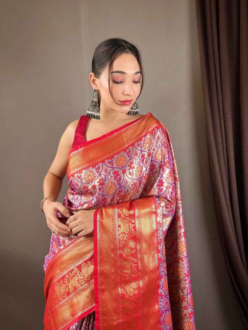 Adoring Lavender Kanjivaram Silk Saree With Demure Blouse Piece