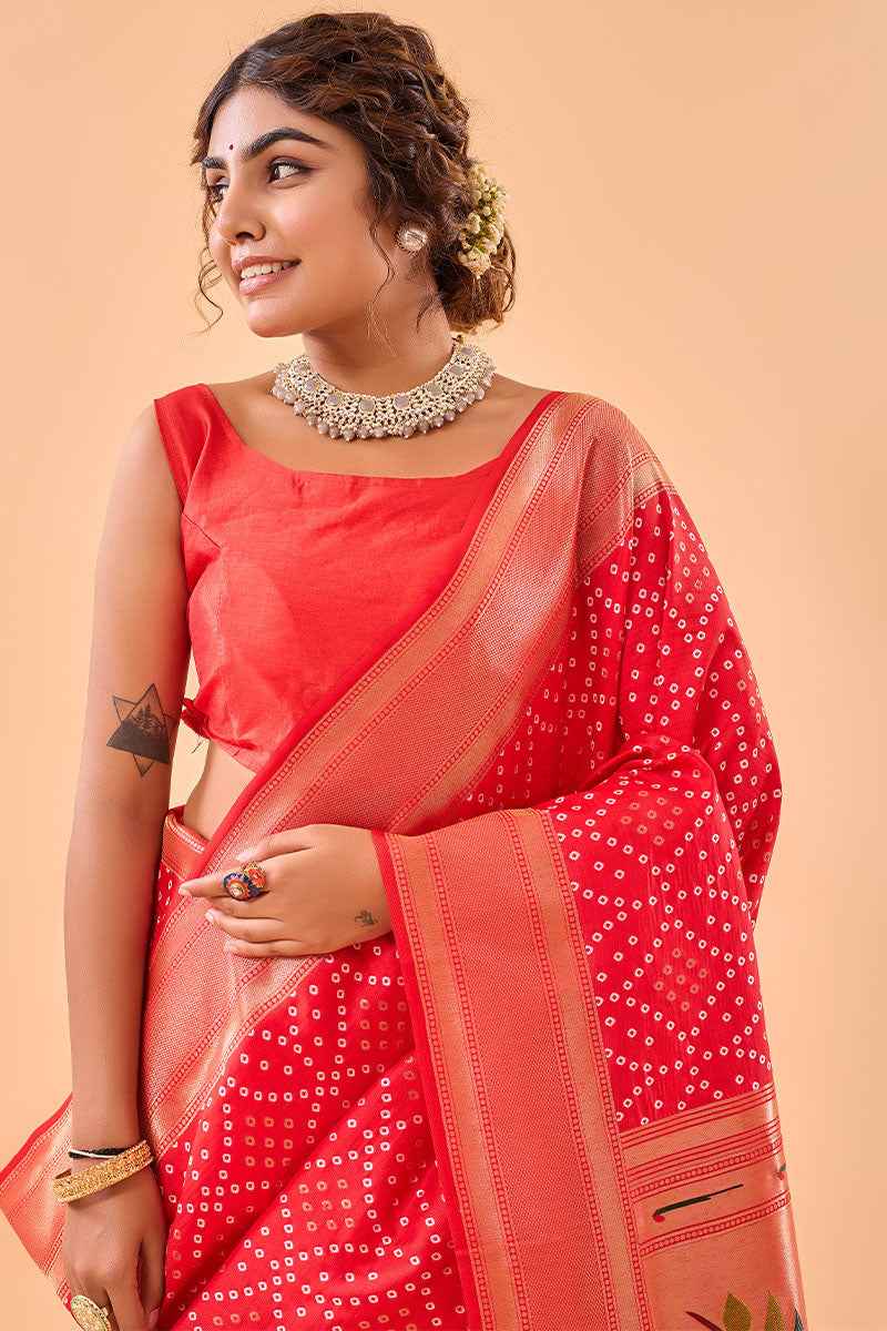 Alluring Red Paithani Silk Saree With Prettiest Blouse Piece