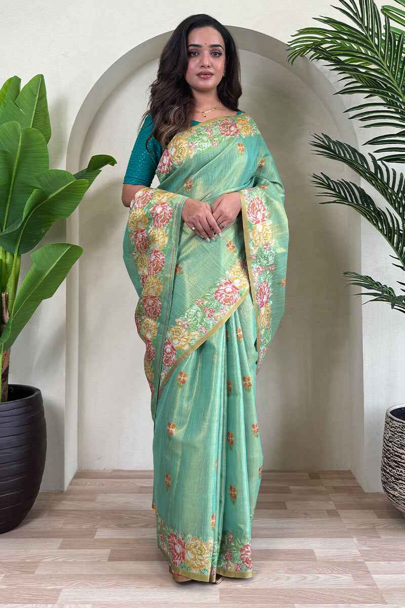 Adoring Pista Embroidery Work Tussar Silk Saree With Assemblage Blouse Piece