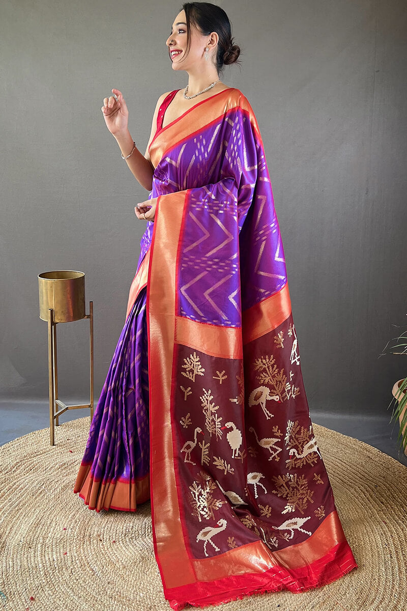 Brood Purple Soft Banarasi Silk Saree With Nebula Blouse Piece - Surats Fabric