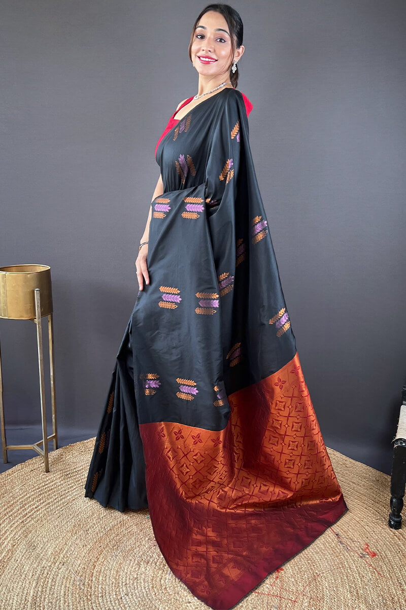 Arresting Black Soft Banarasi Silk Saree With Girlish Blouse Piece - Surats Fabric