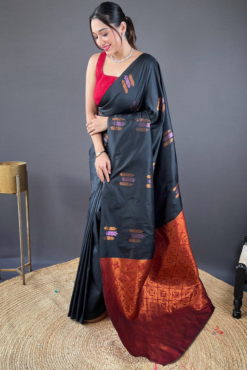 Arresting Black Soft Banarasi Silk Saree With Girlish Blouse Piece - Surats Fabric