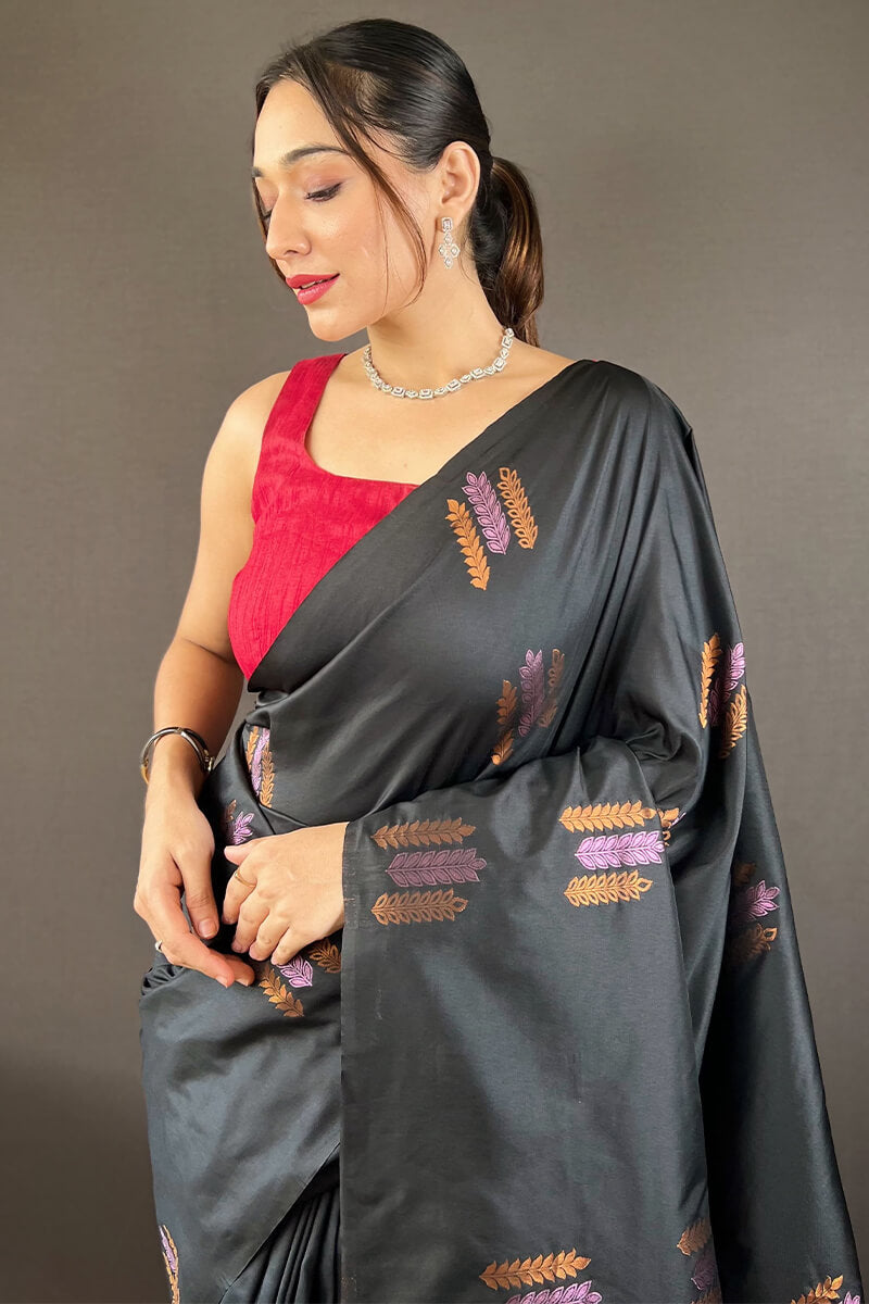 Arresting Black Soft Banarasi Silk Saree With Girlish Blouse Piece - Surats Fabric