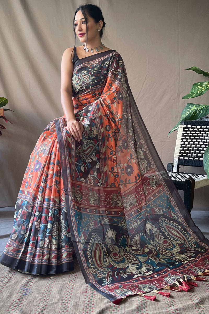 Beauteous Orange Kalamkari Printed Saree With Flamboyant Blouse Piece - Surats Fabric