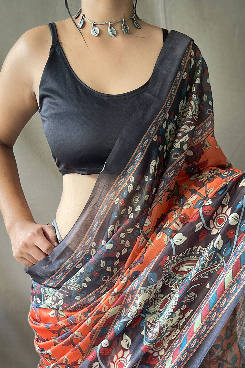Beauteous Orange Kalamkari Printed Saree With Flamboyant Blouse Piece - Surats Fabric