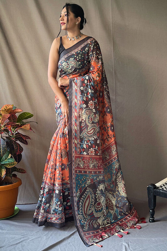 Beauteous Orange Kalamkari Printed Saree With Flamboyant Blouse Piece - Surats Fabric