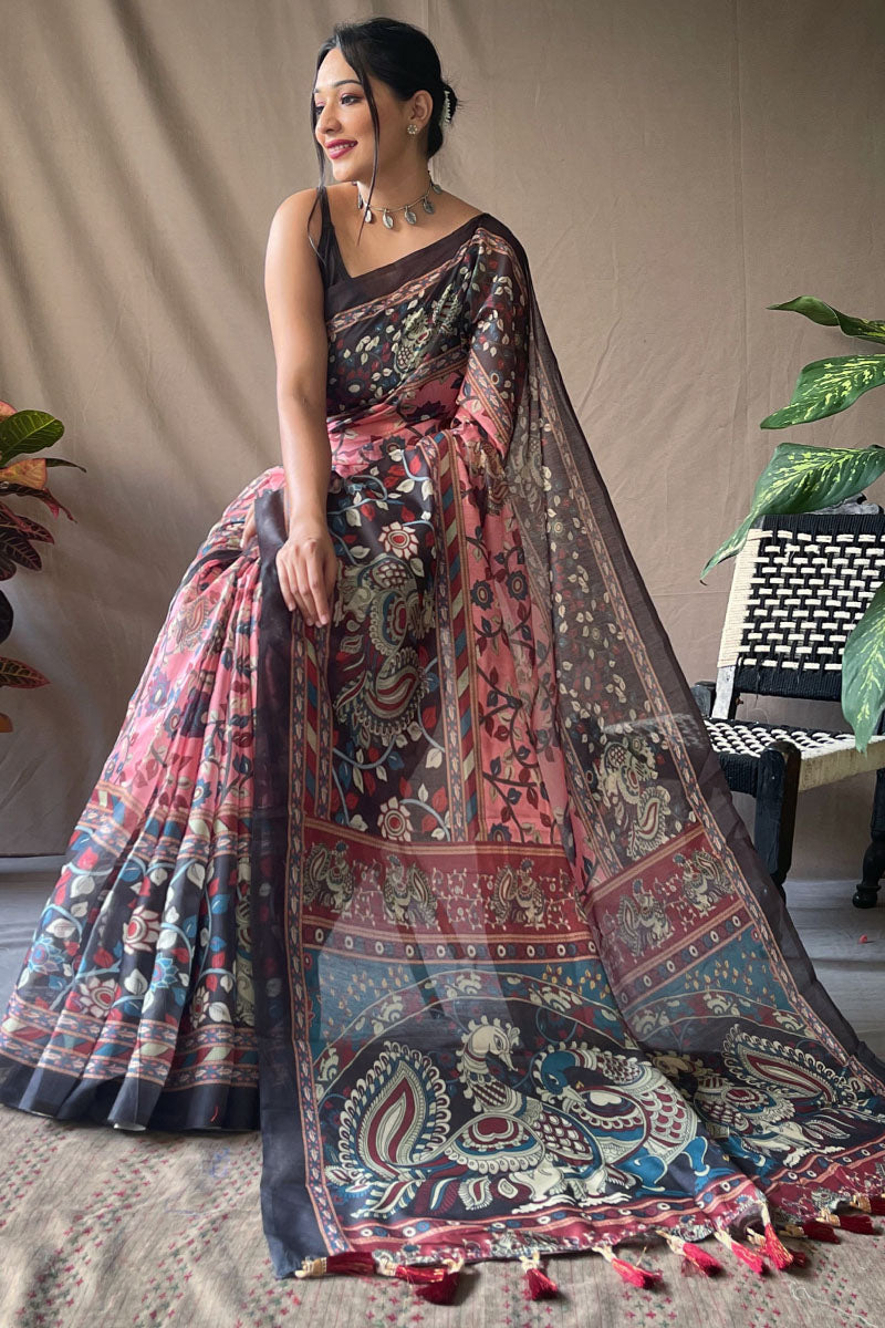 Breathtaking Pink Kalamkari Printed Saree With Dazzling Blouse Piece - Surats Fabric