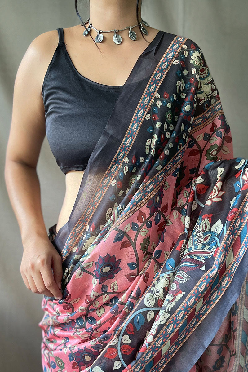Breathtaking Pink Kalamkari Printed Saree With Dazzling Blouse Piece - Surats Fabric