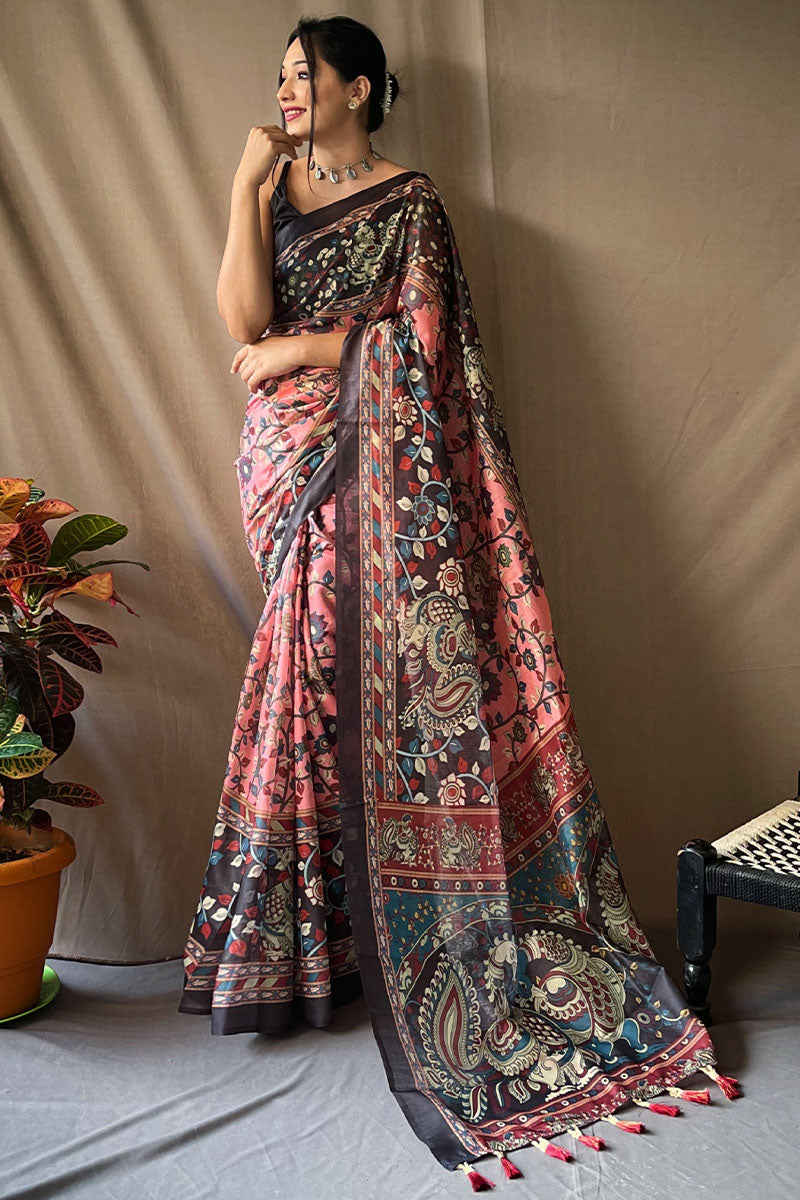 Breathtaking Pink Kalamkari Printed Saree With Dazzling Blouse Piece - Surats Fabric