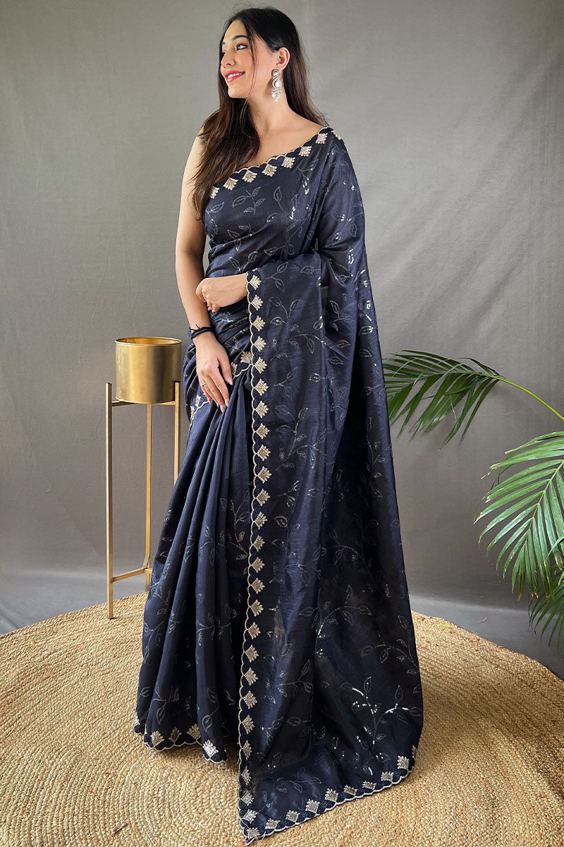 Breathtaking Navy Blue Embroidery Work Soft Silk Saree With Demanding Blouse Piece - Surats Fabric