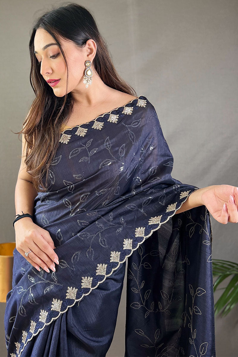 Breathtaking Navy Blue Embroidery Work Soft Silk Saree With Demanding Blouse Piece - Surats Fabric