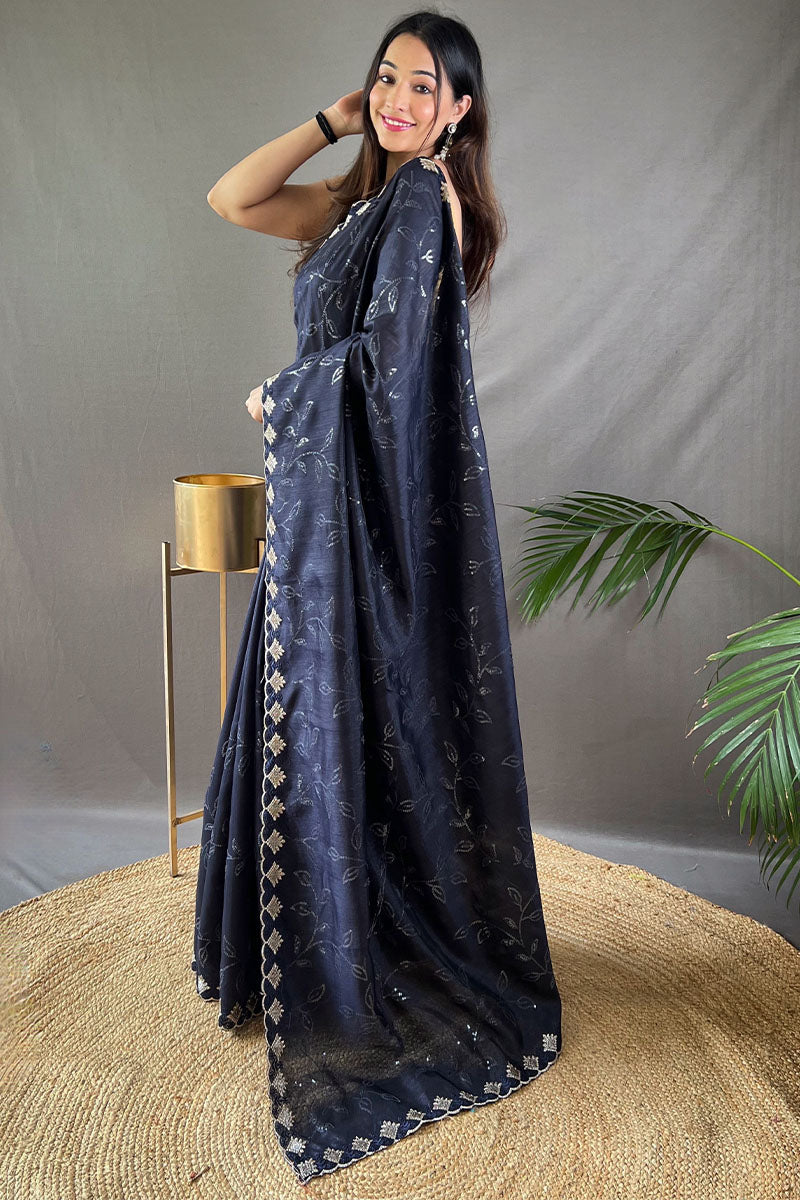 Breathtaking Navy Blue Embroidery Work Soft Silk Saree With Demanding Blouse Piece - Surats Fabric