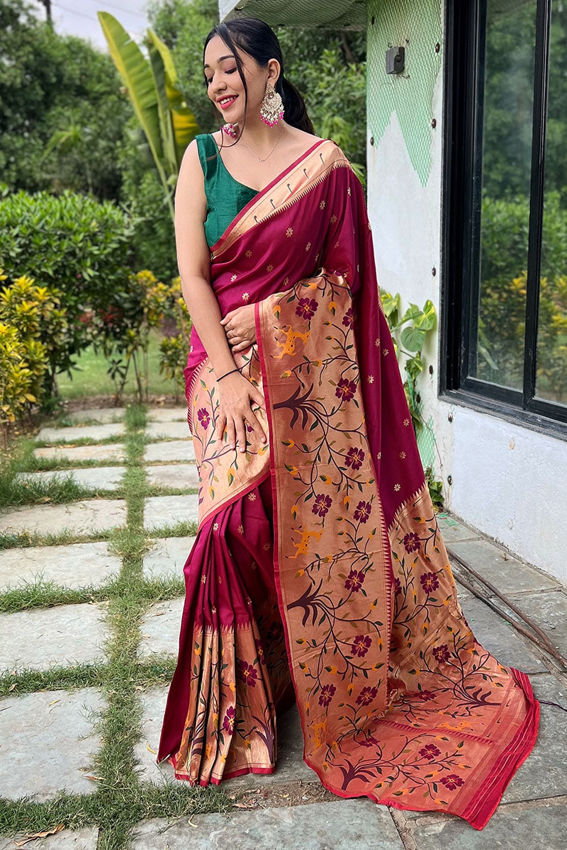 Blissful Wine Paithani Silk Saree With Arresting Blouse Piece - Surats Fabric