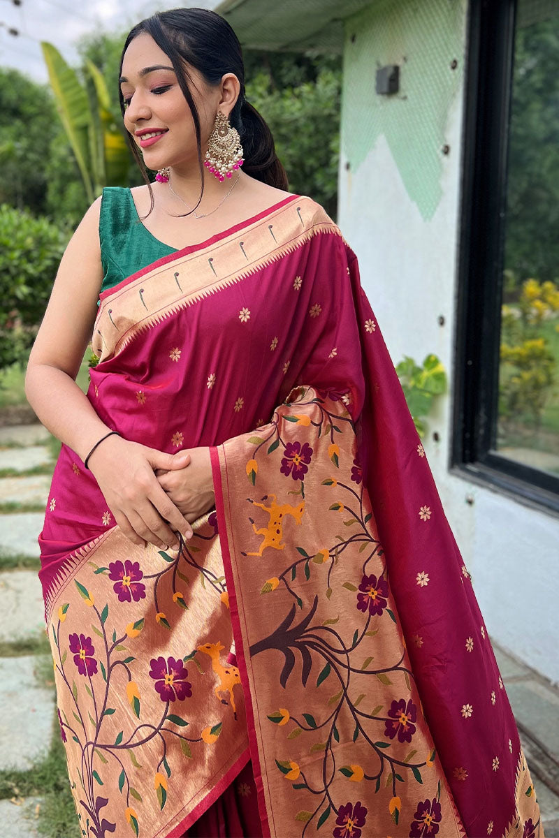 Blissful Wine Paithani Silk Saree With Arresting Blouse Piece - Surats Fabric