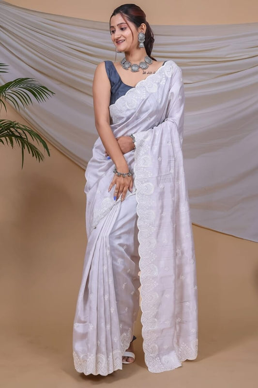 Attractive Grey Embroidery Work Soft Silk Saree With Sizzling Blouse Piece - Surats Fabric