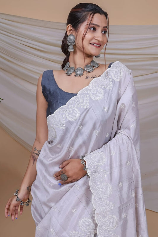 Attractive Grey Embroidery Work Soft Silk Saree With Sizzling Blouse Piece - Surats Fabric