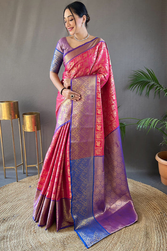 Blooming Dark Pink Kanjivaram Silk Saree With Ravishing Blouse Piece - Surats Fabric