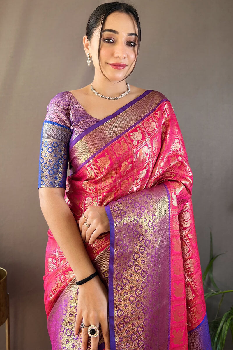 Blooming Dark Pink Kanjivaram Silk Saree With Ravishing Blouse Piece - Surats Fabric