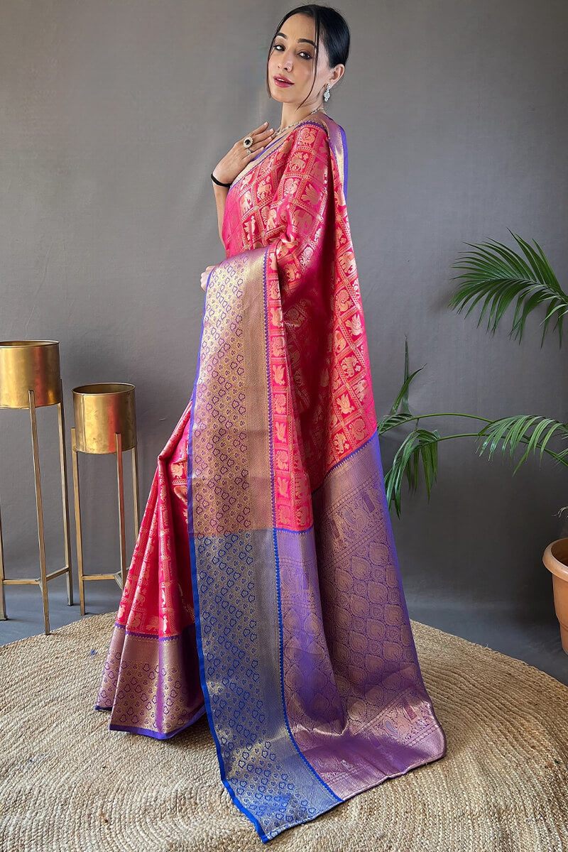 Blooming Dark Pink Kanjivaram Silk Saree With Ravishing Blouse Piece - Surats Fabric
