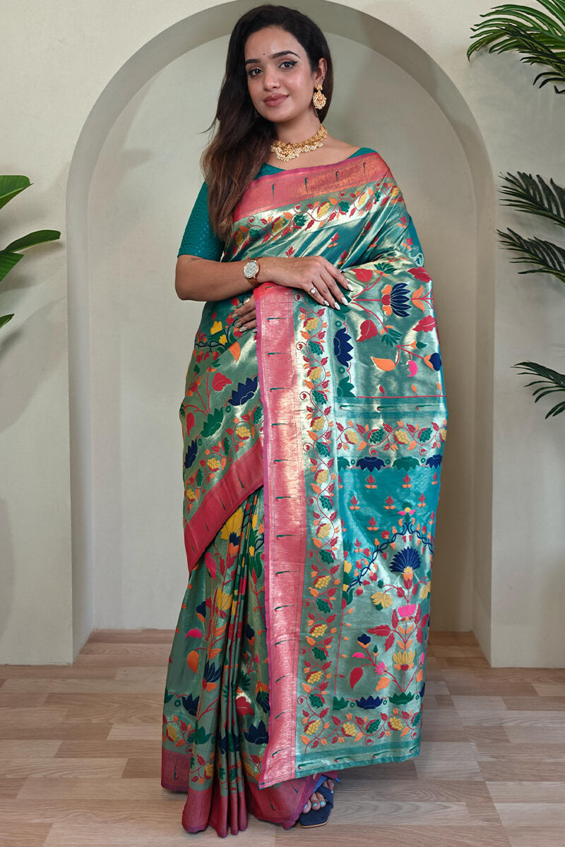 Bucolic Sea Green Paithani Silk Saree With Ratatouille Blouse Piece - Surats Fabric