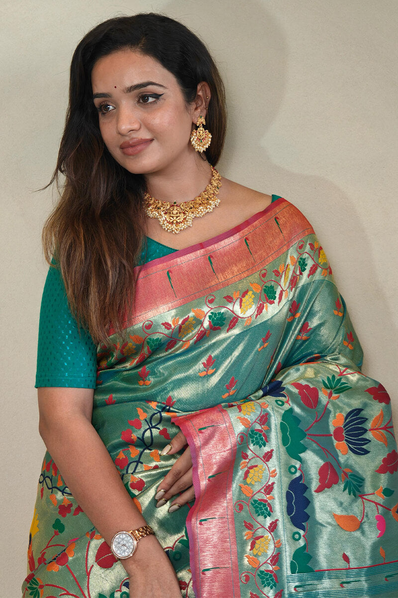 Bucolic Sea Green Paithani Silk Saree With Ratatouille Blouse Piece - Surats Fabric