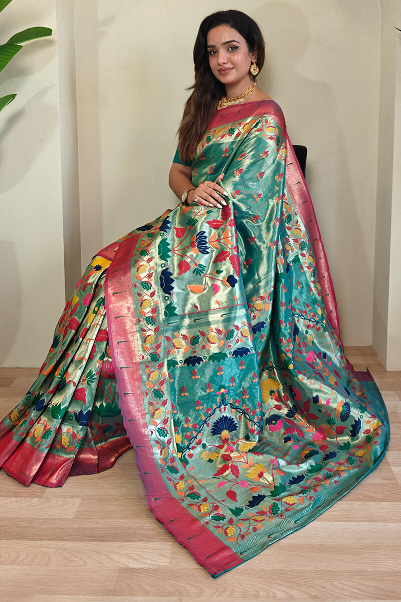 Bucolic Sea Green Paithani Silk Saree With Ratatouille Blouse Piece - Surats Fabric