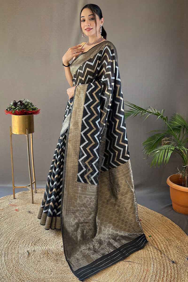 Angelic Black Cotton Silk Saree With Conflate Blouse Piece