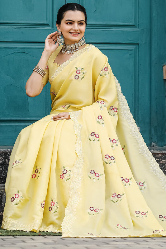 Attractive Yellow Embroidery Work Tussar Silk Saree With Lovely Blouse Piece - Surats Fabric