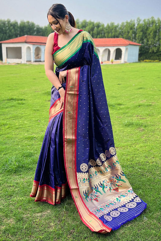 Beautiful Navy Blue Paithani Silk Saree With Desiring Blouse Piece - Surats Fabric