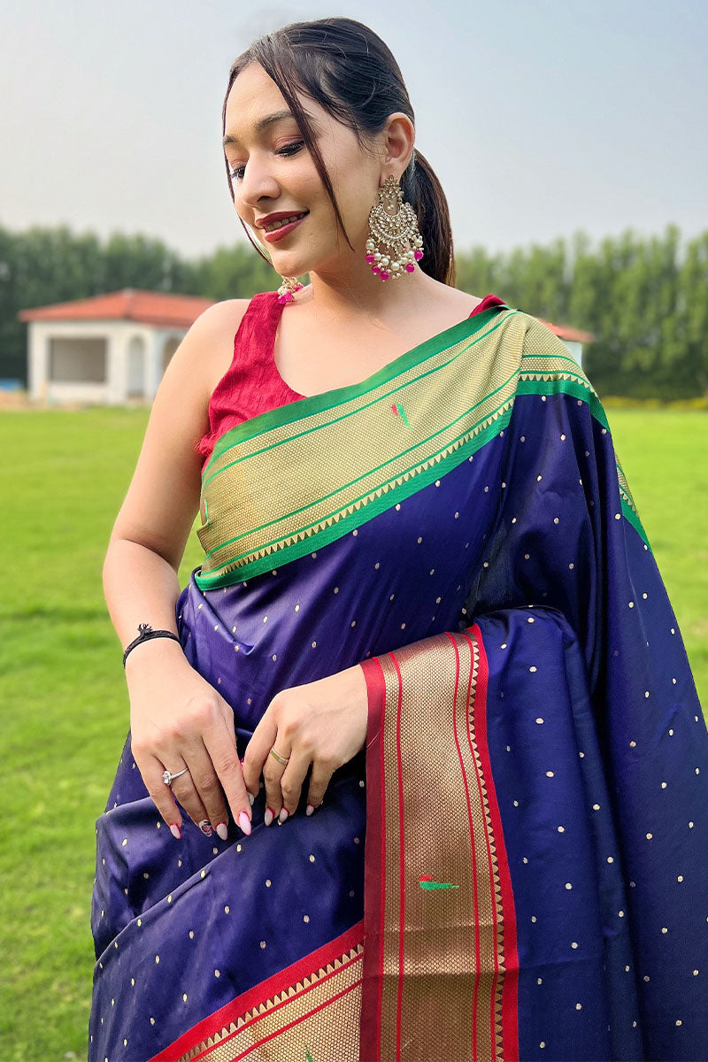 Beautiful Navy Blue Paithani Silk Saree With Desiring Blouse Piece - Surats Fabric