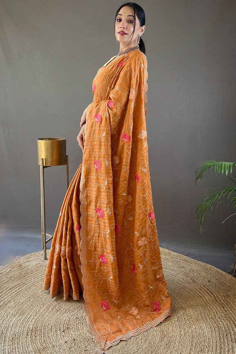 Amiable Orange Embroidery Work Tussar Silk Saree With Fragrant Blouse Piece