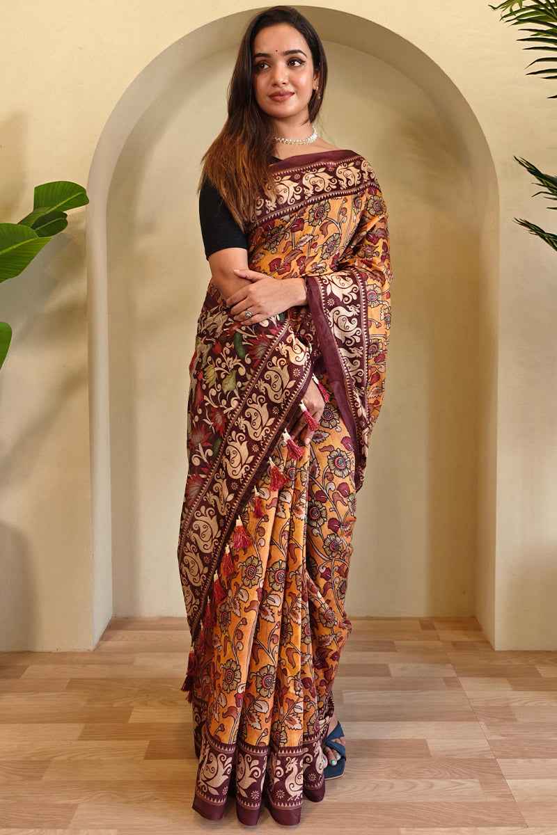 Allure Mustard Kalamkari Printed Saree With Desultory Blouse Piece
