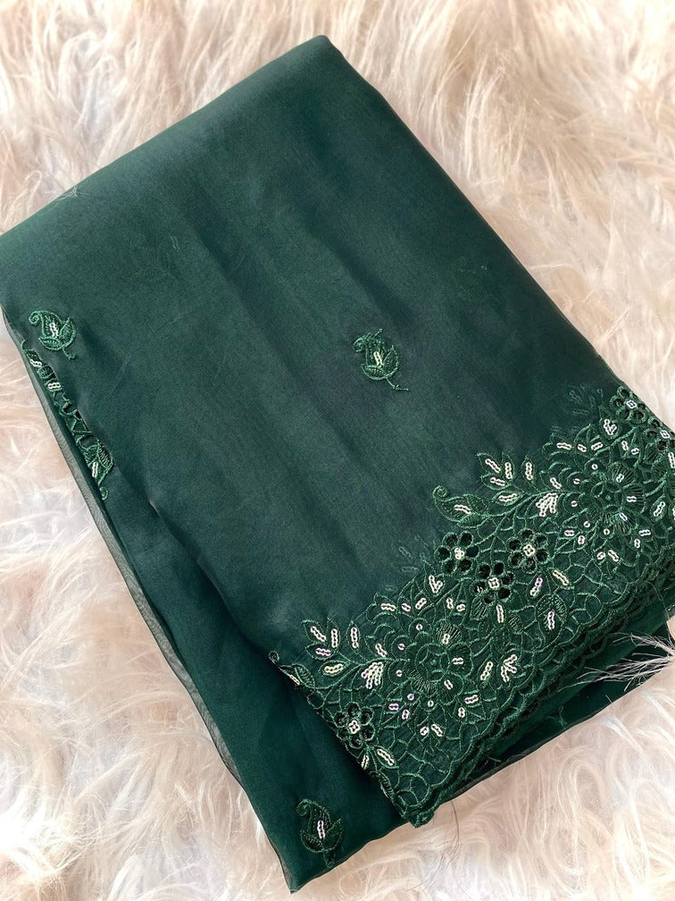 Beautiful Dark Green Embroidery Work Organza Silk Saree With Deserving Blouse Piece - Surats Fabric