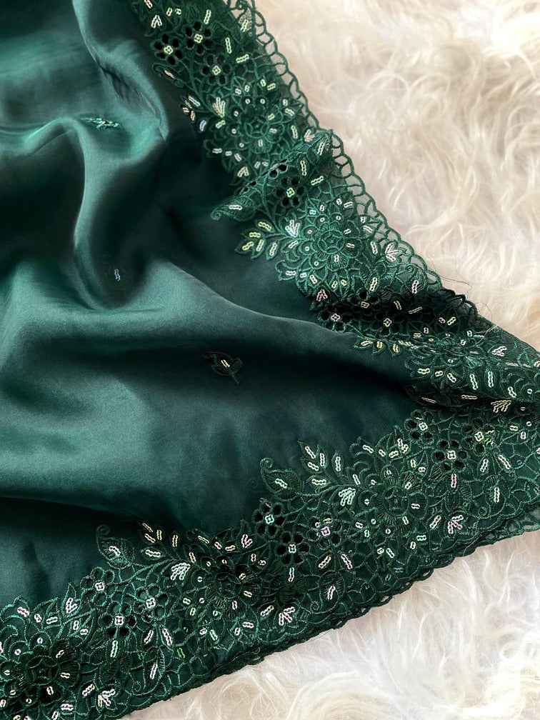 Beautiful Dark Green Embroidery Work Organza Silk Saree With Deserving Blouse Piece - Surats Fabric