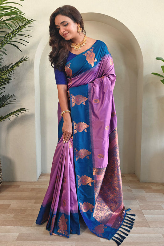 Breathtaking Lavender Soft Banarasi Silk Saree With Invaluable Blouse Piece - Surats Fabric