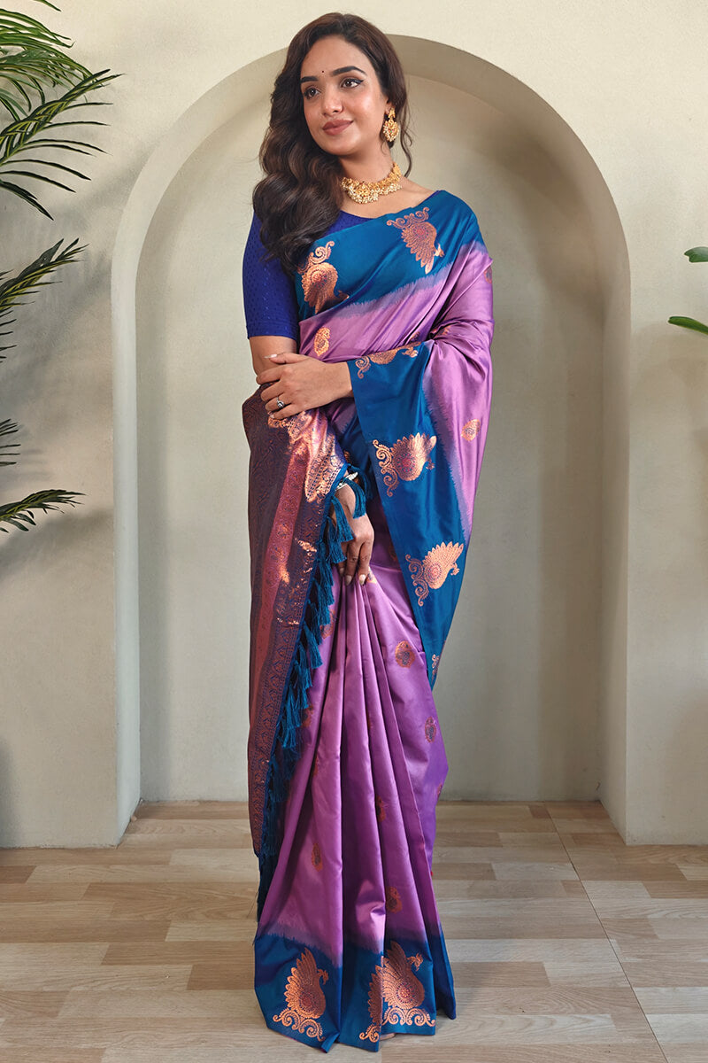 Breathtaking Lavender Soft Banarasi Silk Saree With Invaluable Blouse Piece - Surats Fabric