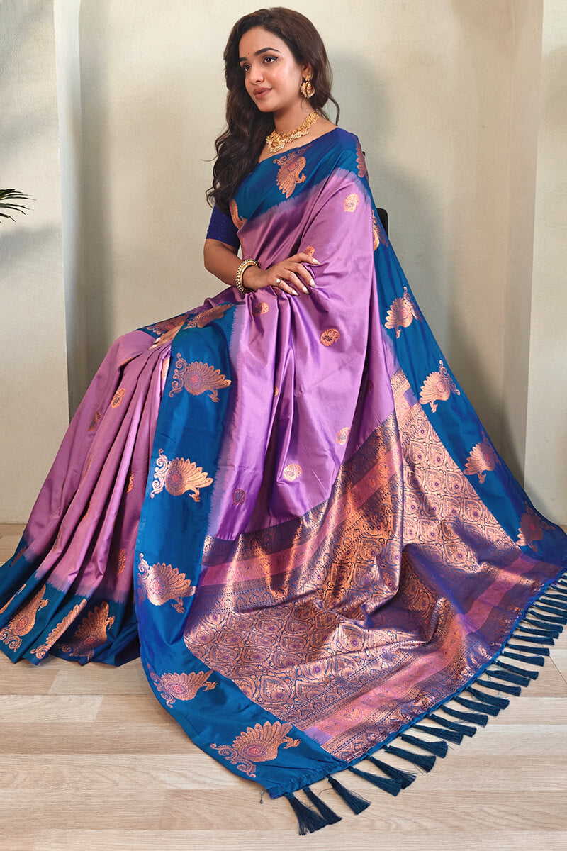 Breathtaking Lavender Soft Banarasi Silk Saree With Invaluable Blouse Piece - Surats Fabric