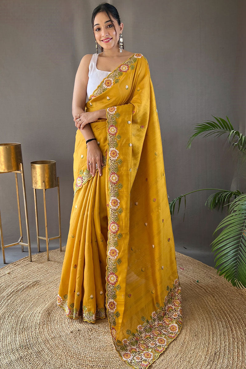 Aplomb Yellow Embroidery Work Tussar Silk Saree With Ethereal Blouse Piece - Surats Fabric