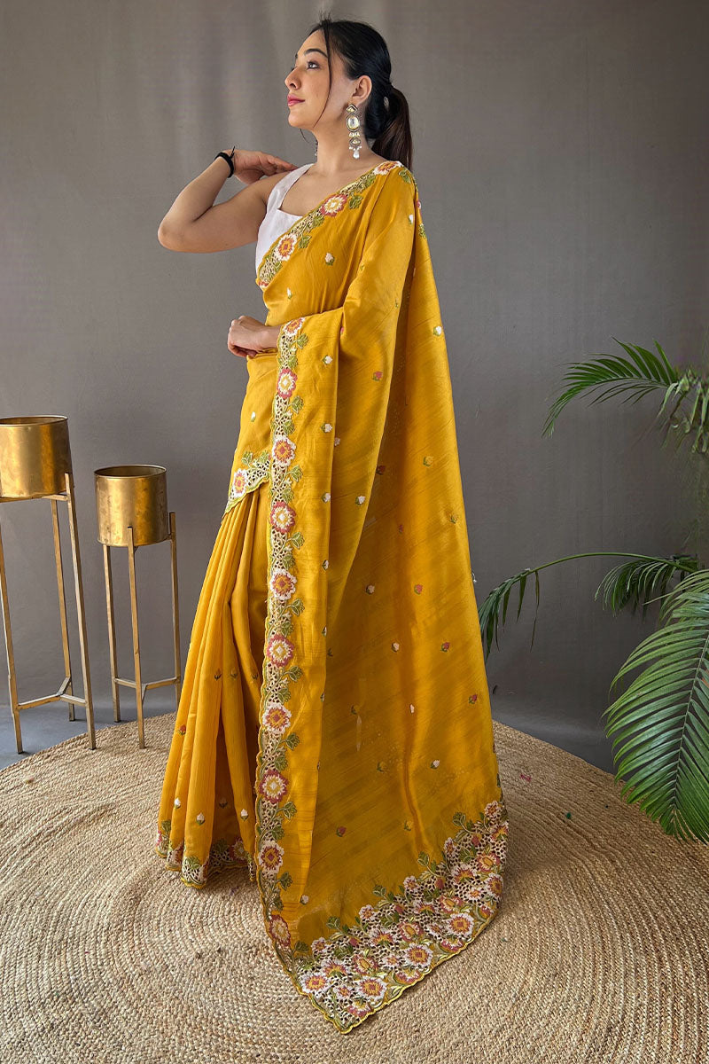 Aplomb Yellow Embroidery Work Tussar Silk Saree With Ethereal Blouse Piece - Surats Fabric