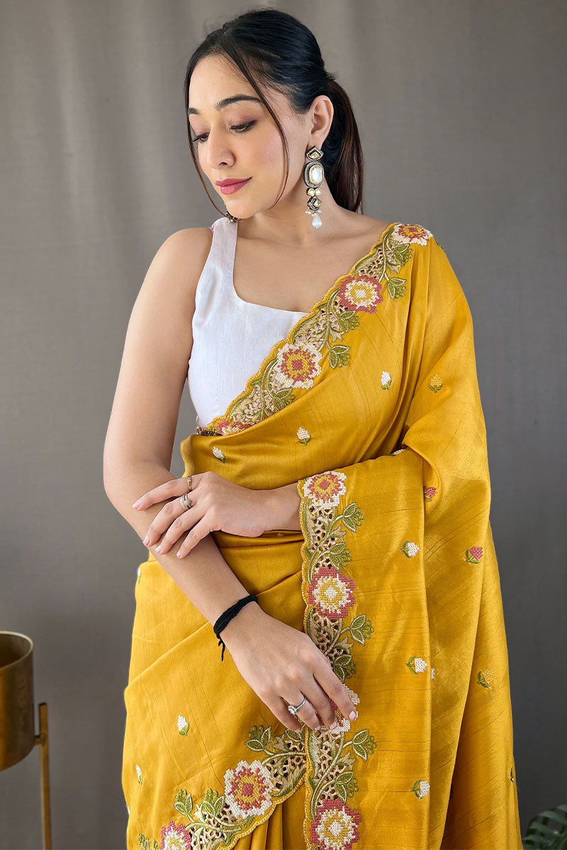 Aplomb Yellow Embroidery Work Tussar Silk Saree With Ethereal Blouse Piece - Surats Fabric