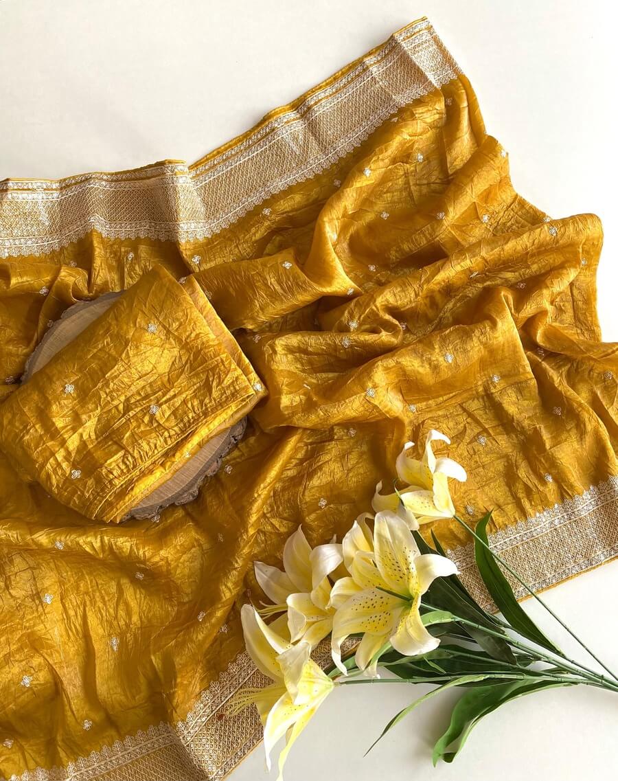 Brood Mustard Embroidery Work Crush Silk Saree With Demure Blouse Piece - Surats Fabric