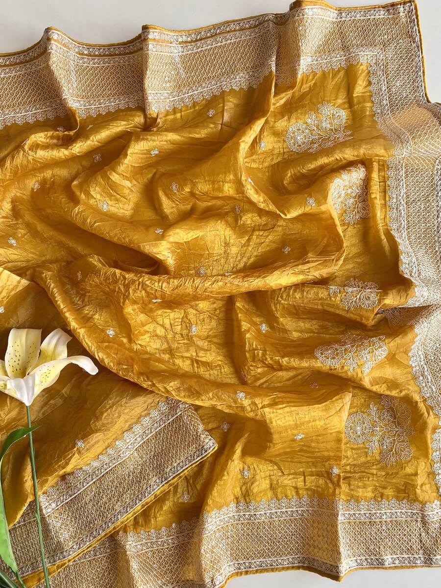 Brood Mustard Embroidery Work Crush Silk Saree With Demure Blouse Piece - Surats Fabric