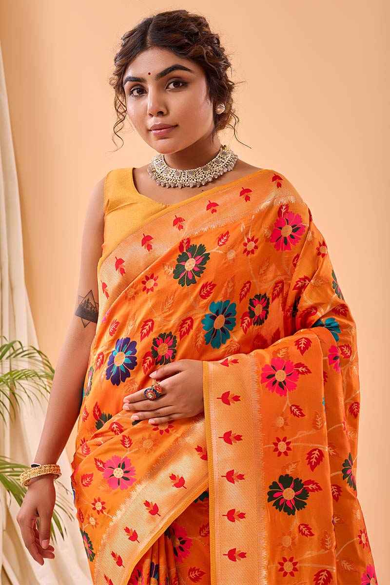 Angelic Orange Paithani Silk Saree With Desuetude Blouse Piece
