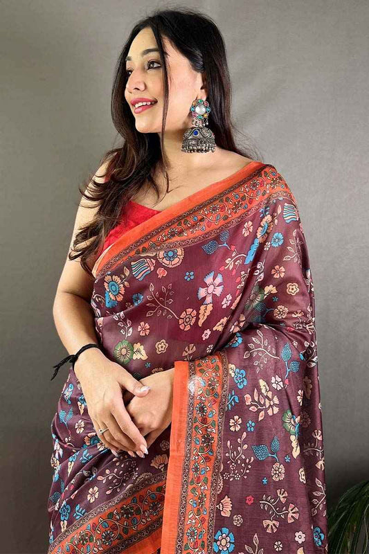 Adoring Wine Kalamkari Printed Saree With Excellent Blouse Piece