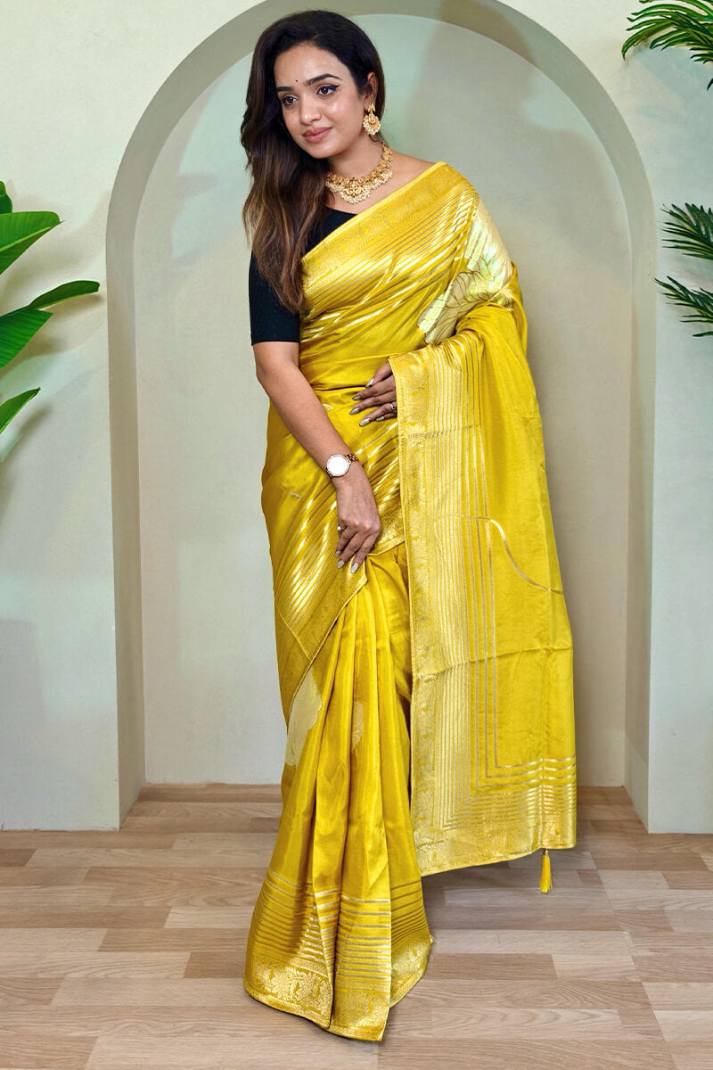 Captivating Mustard Soft Banarasi Silk Saree With Blissful Blouse Piece - Surats Fabric