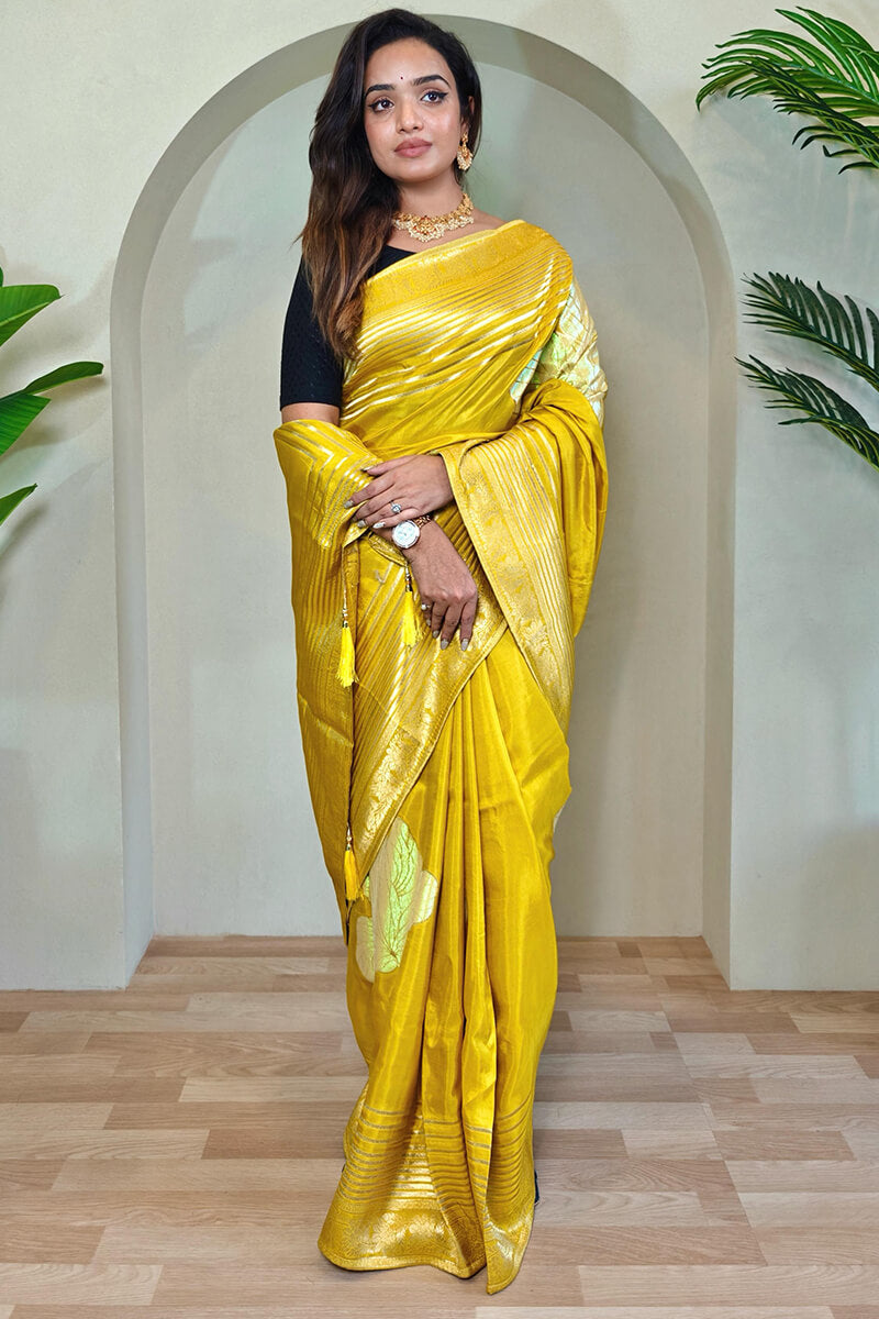 Captivating Mustard Soft Banarasi Silk Saree With Blissful Blouse Piece - Surats Fabric